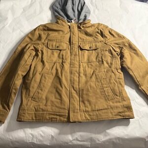 Levis Mens Brown Tan Sherpa Lined Hooded Work Barn Chore Jacket Utility Canvas L